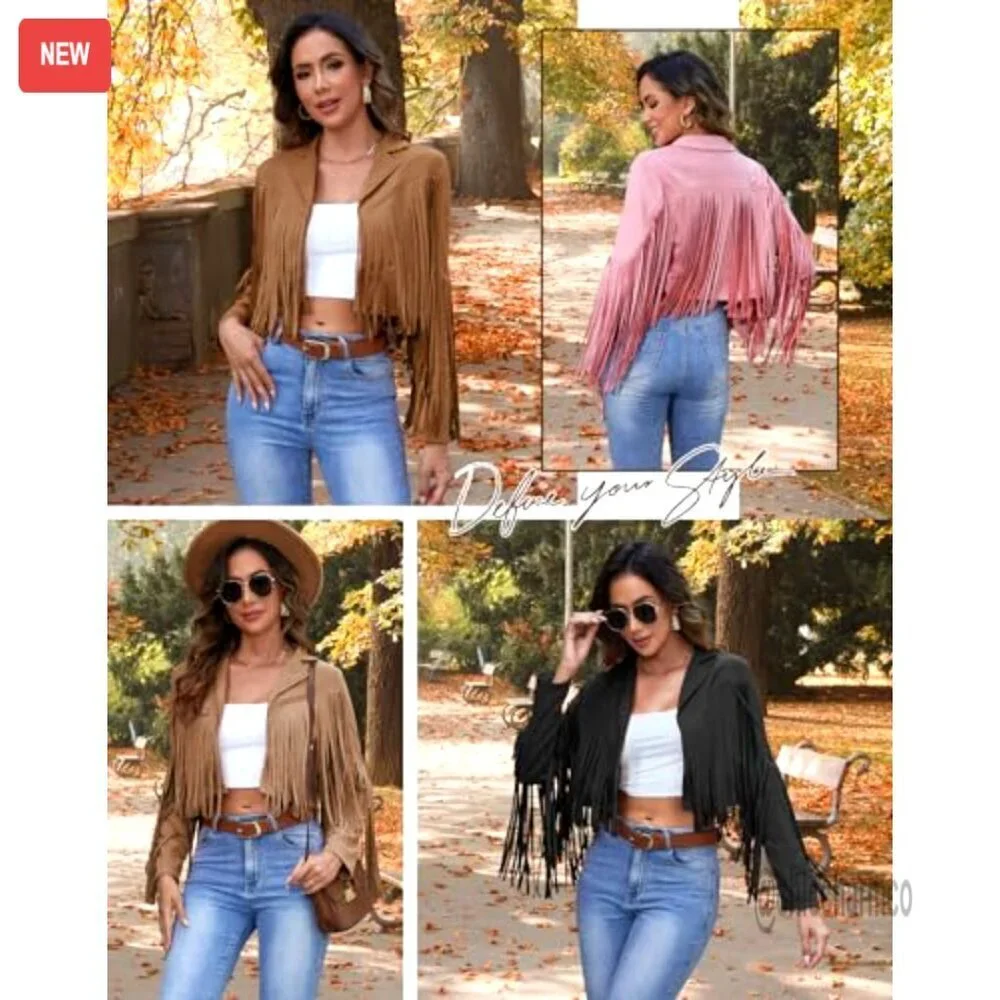 Faux Leather Cropped Jacket with Fringe Tassels, Casual Motorcycle Style